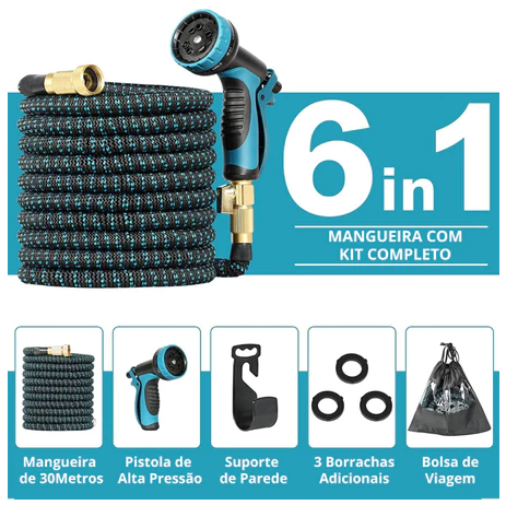 Mangueira Expansível 30m™ com Esguicho Ajustável + Suporte de parede e Bolsa Organizadora