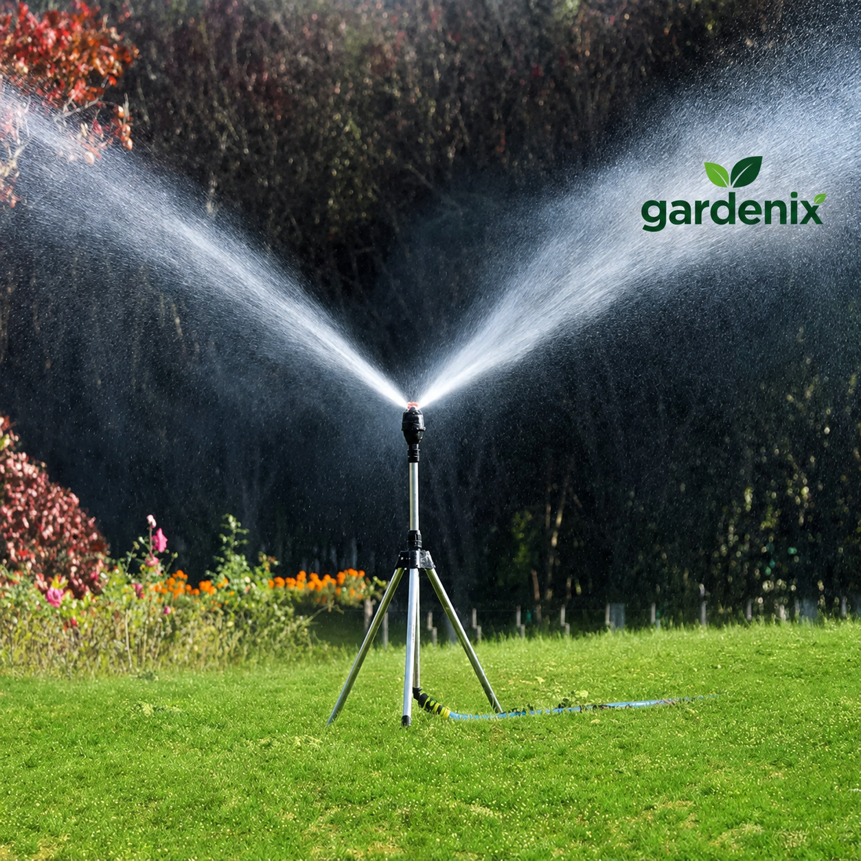 Gardenix™ Irrigador Automático 360° com Tripé Ajustável + Brinde (Mangueira de 10m)