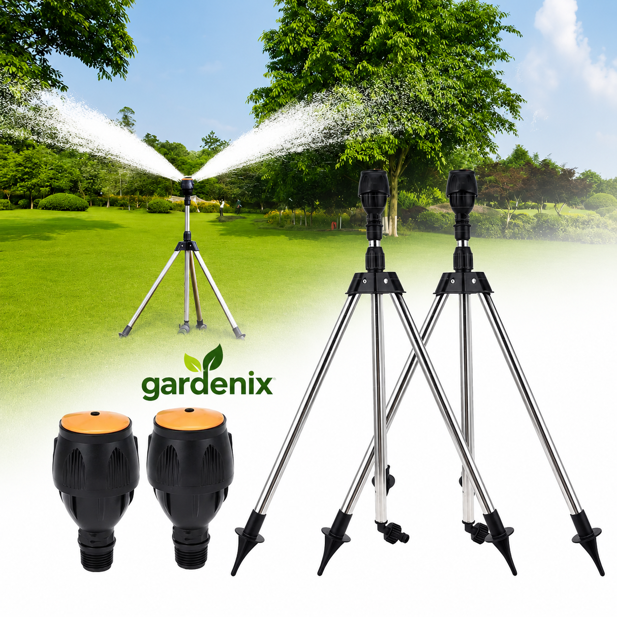 Gardenix™ Irrigador Automático 360° com Tripé Ajustável + Brinde (Mangueira de 10m)
