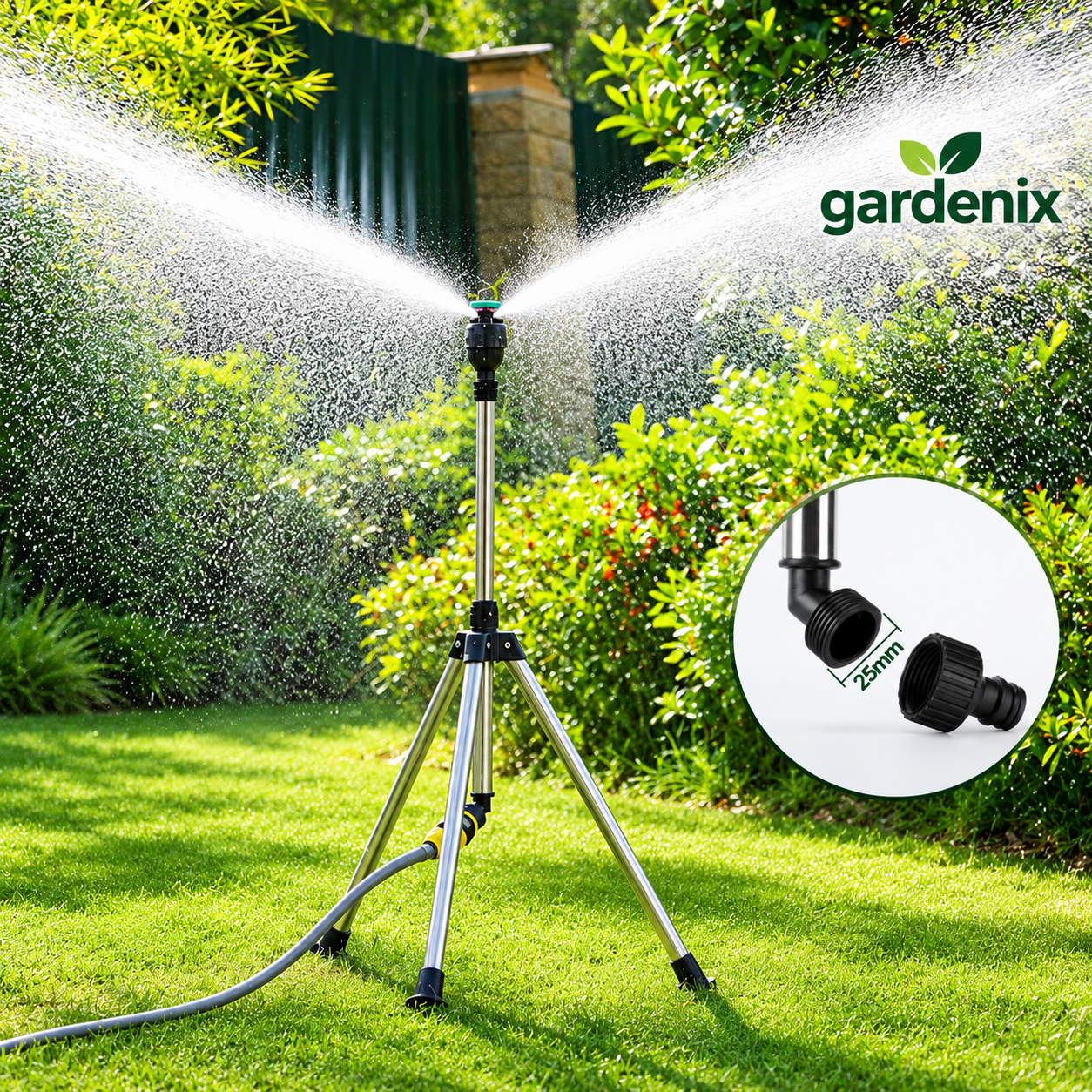 Gardenix™ Irrigador Automático 360° com Tripé Ajustável + Brinde (Mangueira de 10m)