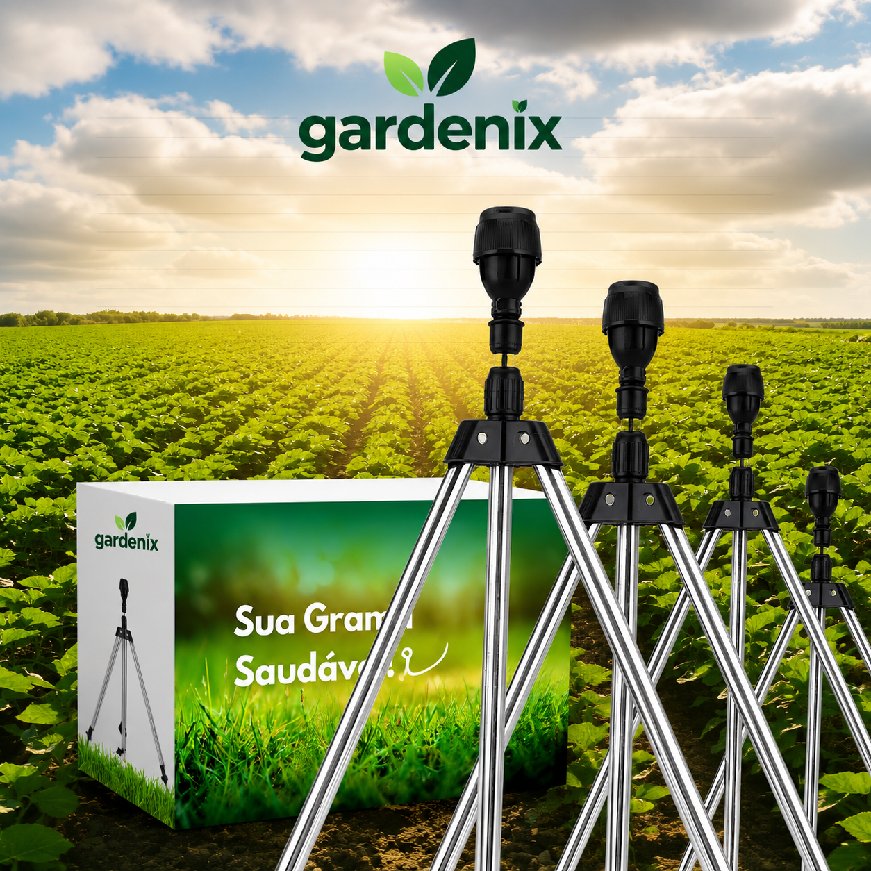 Gardenix™ Irrigador Automático 360° com Tripé Ajustável + Brinde (Mangueira de 10m)
